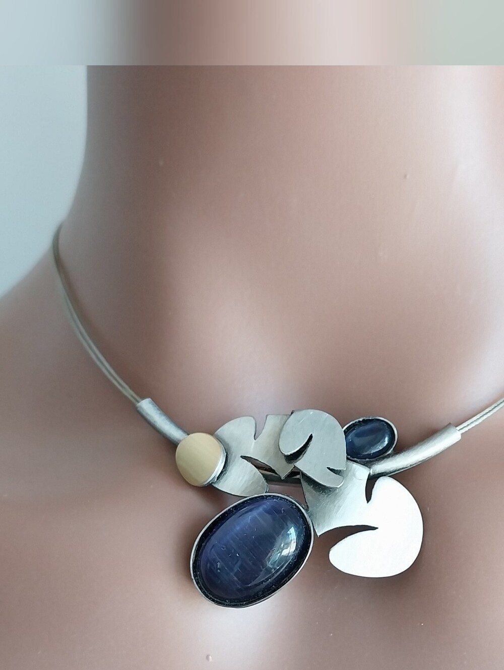 Silver Statement Necklace with Blue and Cream Accents